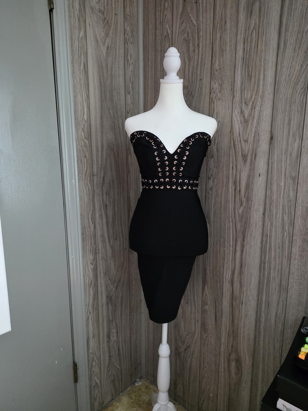 Hot Miami Styles Black Strapless Dress with Gold Studs